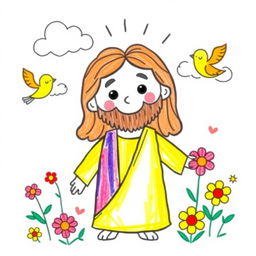 A playful and colorful children's drawing of Jesus, depicted in a friendly and approachable manner