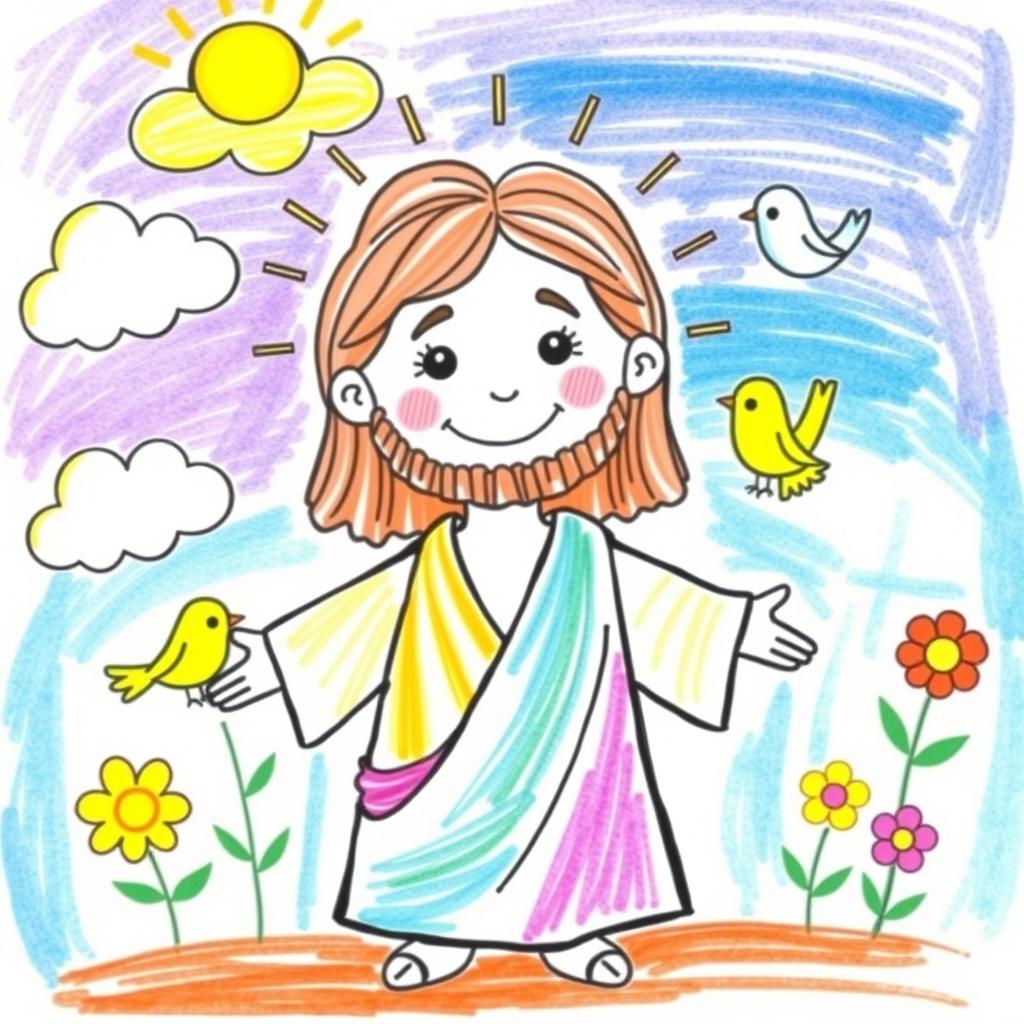 A playful and colorful children's drawing of Jesus, depicted in a friendly and approachable manner