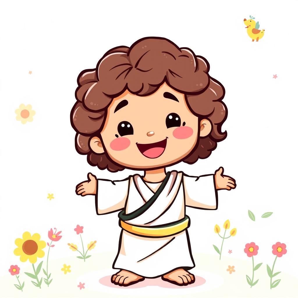 A cute and friendly illustration of Jesus as a child, depicted with a warm smile and inviting demeanor