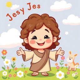 A cute and friendly illustration of Jesus as a child, depicted with a warm smile and inviting demeanor