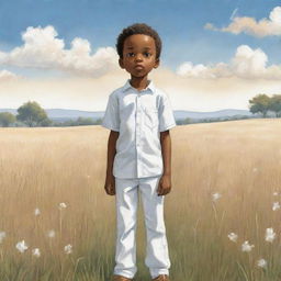 An endearing children's book-style cartoon image of an African American boy standing alone in a field, dressed entirely in white, his figure standing out against the vast landscape.