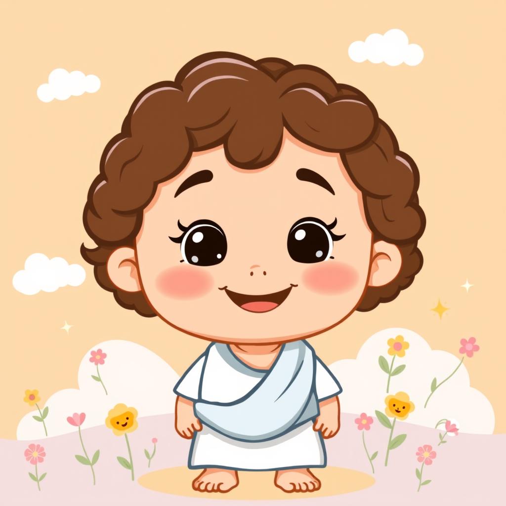 A cute and friendly illustration of Jesus as a child, depicted with a warm smile and inviting demeanor