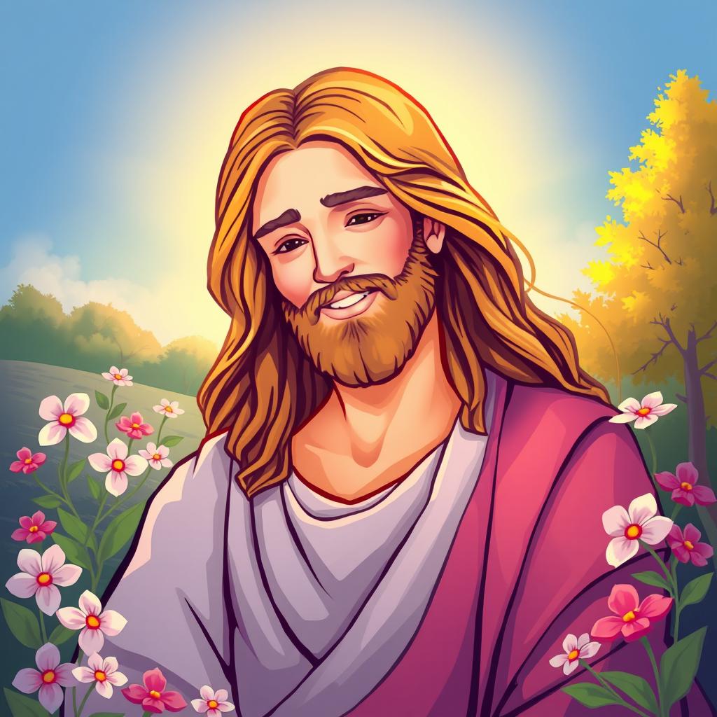 A vibrant and serene illustration of Jesus, depicted with gentle features and a kind smile