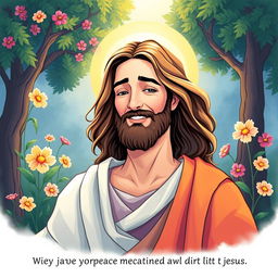 A vibrant and serene illustration of Jesus, depicted with gentle features and a kind smile