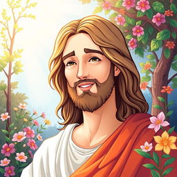 A vibrant and serene illustration of Jesus, depicted with gentle features and a kind smile