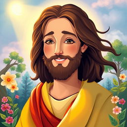 A vibrant and serene illustration of Jesus, depicted with gentle features and a kind smile