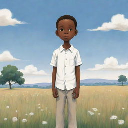 An endearing children's book-style cartoon image of an African American boy standing alone in a field, dressed entirely in white, his figure standing out against the vast landscape.