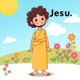 A full-body, playful illustration of Jesus standing upright, depicted in a child-friendly style