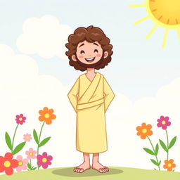 A full-body, playful illustration of Jesus standing upright, depicted in a child-friendly style