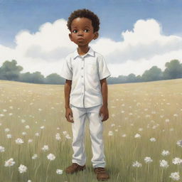 An endearing children's book-style cartoon image of an African American boy standing alone in a field, dressed entirely in white, his figure standing out against the vast landscape.