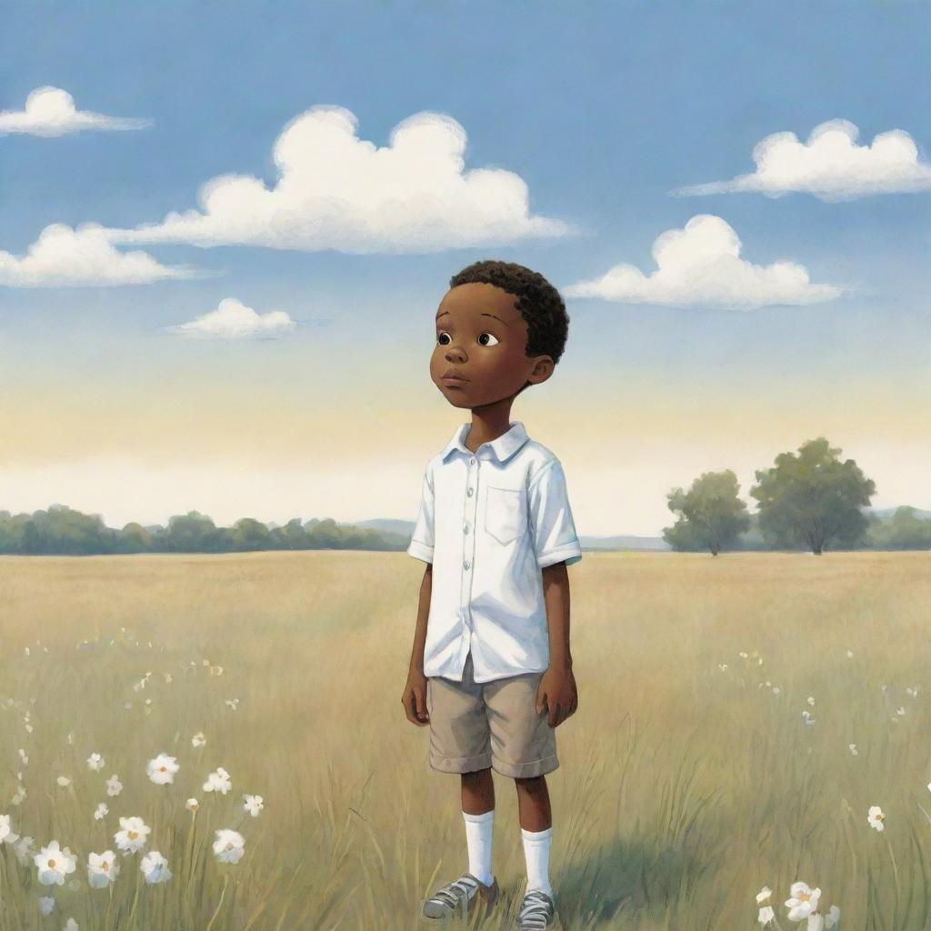 An endearing children's book-style cartoon image of an African American boy standing alone in a field, dressed entirely in white, his figure standing out against the vast landscape.