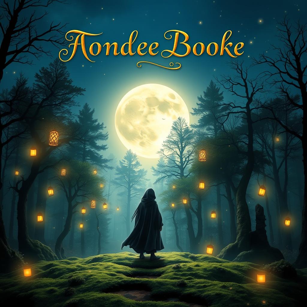 A captivating book cover design, featuring a mystical forest with enchanting glowing elements, such as floating lanterns and shimmering fairy dust