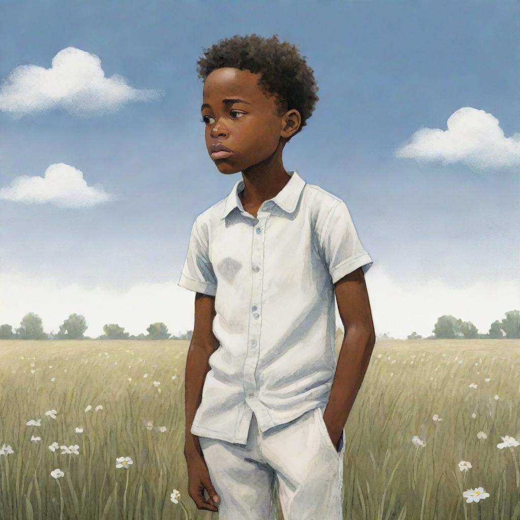 A compelling children's book-style cartoon depicting an African American boy, attired in white, standing alone in a field, his gaze directed downwards at the ground in deep thought or melancholy.