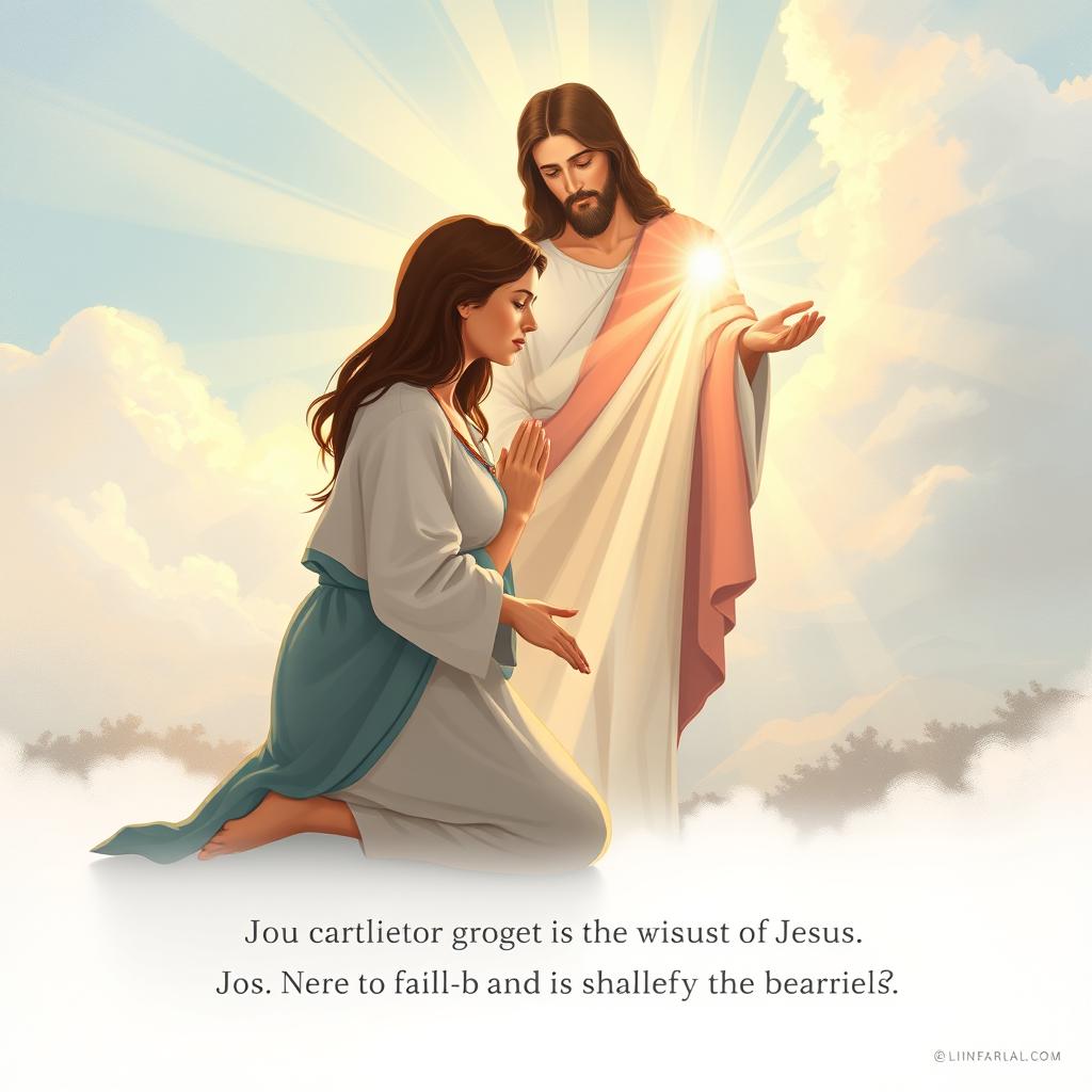 An illustration depicting a woman kneeling humbly with her head bowed and hands outstretched, casting her anxieties at the feet of a serene, compassionate figure of Jesus, who is radiating a warm light