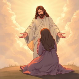 An illustration depicting a woman kneeling humbly with her head bowed and hands outstretched, casting her anxieties at the feet of a serene, compassionate figure of Jesus, who is radiating a warm light