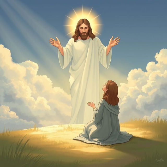 An illustration depicting a woman kneeling humbly with her head bowed and hands outstretched, casting her anxieties at the feet of a serene, compassionate figure of Jesus, who is radiating a warm light