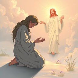 An illustration depicting a woman kneeling humbly with her head bowed and hands outstretched, casting her anxieties at the feet of a serene, compassionate figure of Jesus, who is radiating a warm light