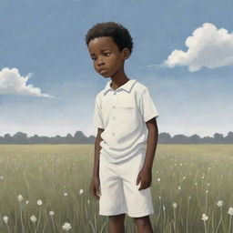 A compelling children's book-style cartoon depicting an African American boy, attired in white, standing alone in a field, his gaze directed downwards at the ground in deep thought or melancholy.