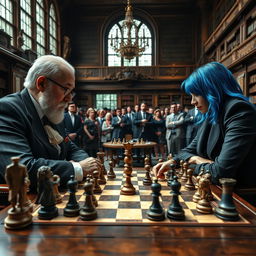 An intense, high-stakes chess match taking place in a grand historical setting, featuring two focused players—one an elderly gentleman with a white beard and glasses, wearing a classic three-piece suit, and the other a young woman with vibrant blue hair, dressed in modern, stylish attire