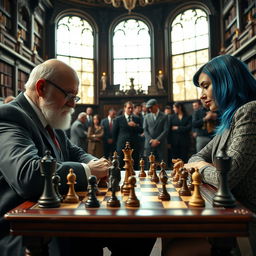 An intense, high-stakes chess match taking place in a grand historical setting, featuring two focused players—one an elderly gentleman with a white beard and glasses, wearing a classic three-piece suit, and the other a young woman with vibrant blue hair, dressed in modern, stylish attire