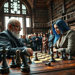 An intense, high-stakes chess match taking place in a grand historical setting, featuring two focused players—one an elderly gentleman with a white beard and glasses, wearing a classic three-piece suit, and the other a young woman with vibrant blue hair, dressed in modern, stylish attire