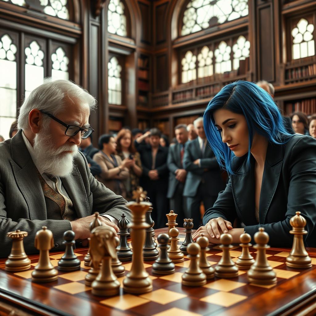 An intense, high-stakes chess match taking place in a grand historical setting, featuring two focused players—one an elderly gentleman with a white beard and glasses, wearing a classic three-piece suit, and the other a young woman with vibrant blue hair, dressed in modern, stylish attire