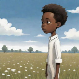 A compelling children's book-style cartoon depicting an African American boy, attired in white, standing alone in a field, his gaze directed downwards at the ground in deep thought or melancholy.