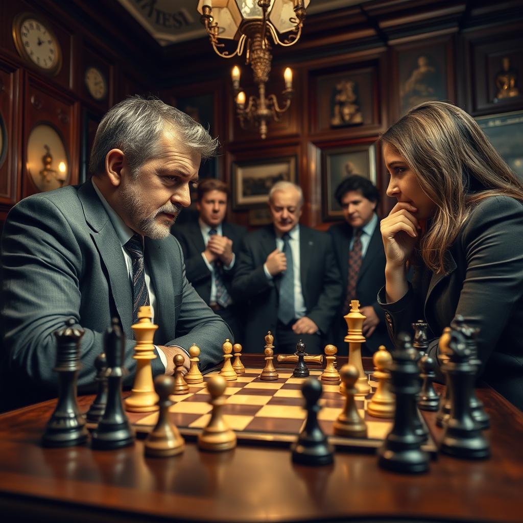 A dramatic moment of checkmate in a chess game, set in an elegant, vintage chess club adorned with dark wood paneling and warm lighting