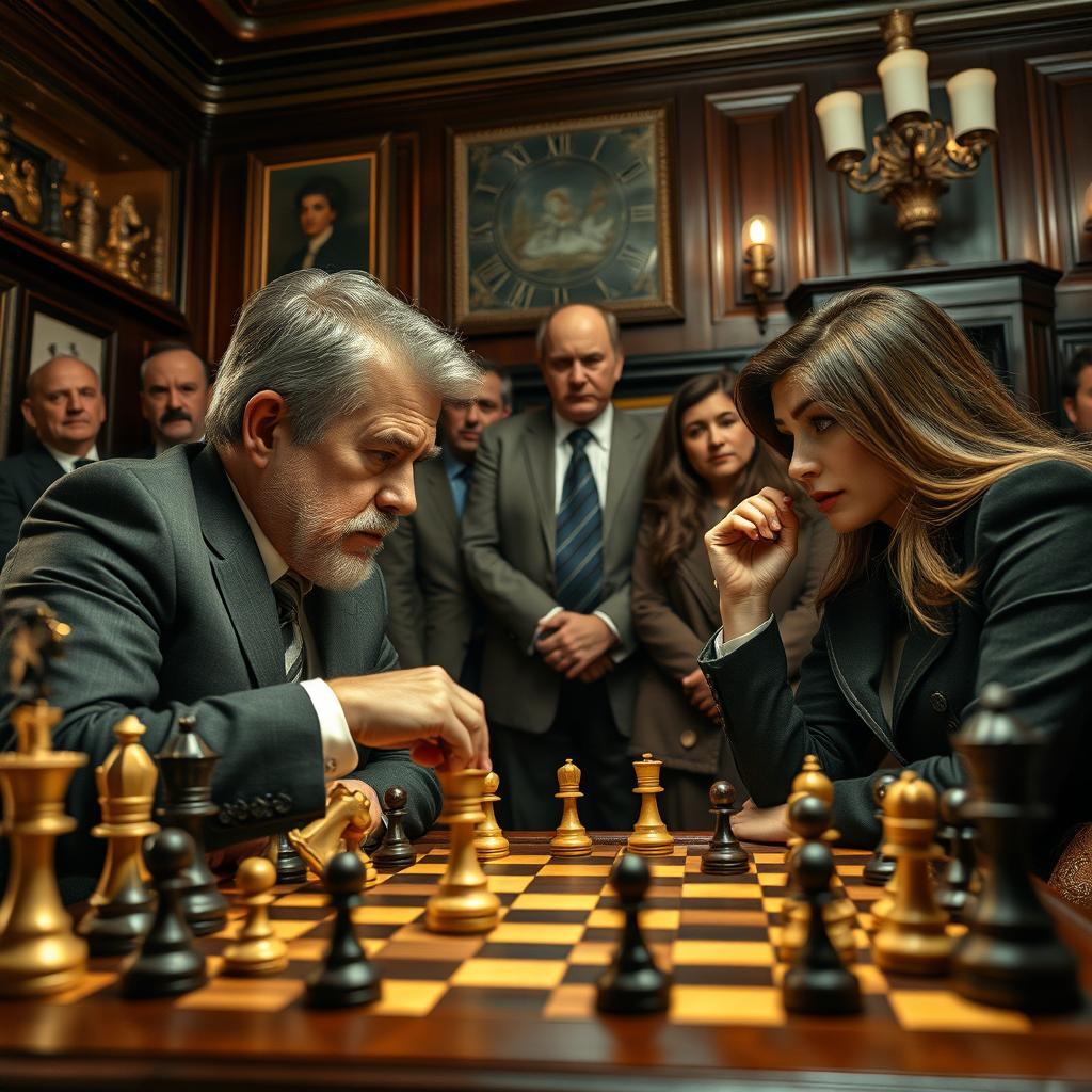 A dramatic moment of checkmate in a chess game, set in an elegant, vintage chess club adorned with dark wood paneling and warm lighting