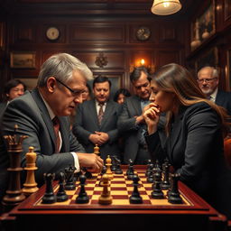 A dramatic moment of checkmate in a chess game, set in an elegant, vintage chess club adorned with dark wood paneling and warm lighting