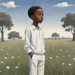 A compelling children's book-style cartoon depicting an African American boy, attired in white, standing alone in a field, his gaze directed downwards at the ground in deep thought or melancholy.