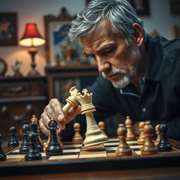 A poignant scene depicting a solitary moment after a chess game, focused on a chess table where one player has just achieved checkmate