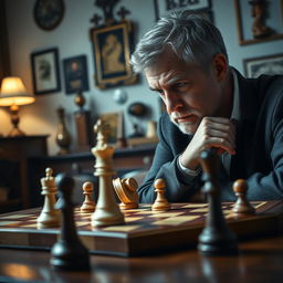 A poignant scene depicting a solitary moment after a chess game, focused on a chess table where one player has just achieved checkmate