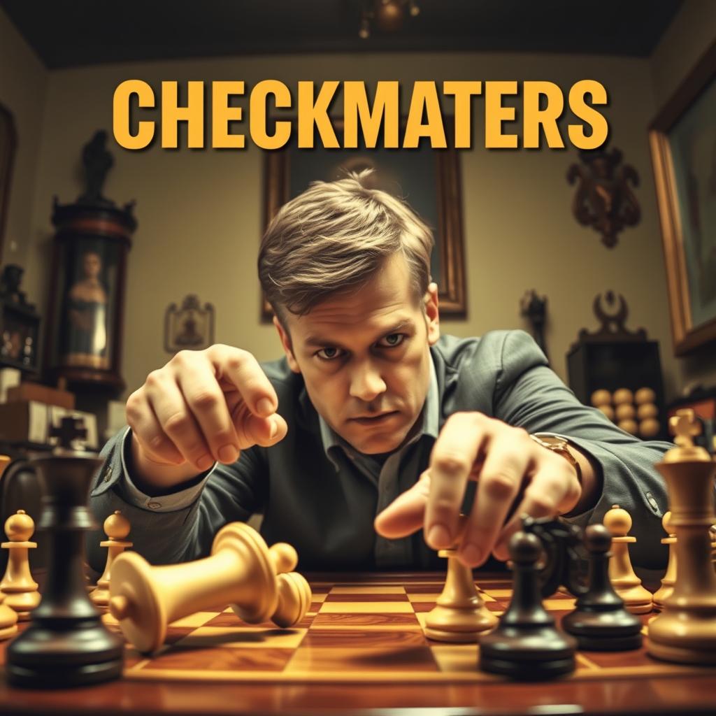 An intense chess scene capturing the moment of checkmate, illustrating a chess table with a beautifully crafted chessboard where the white king is dramatically falling over, symbolizing defeat