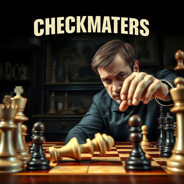 An intense chess scene capturing the moment of checkmate, illustrating a chess table with a beautifully crafted chessboard where the white king is dramatically falling over, symbolizing defeat