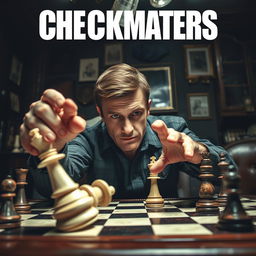 An intense chess scene capturing the moment of checkmate, illustrating a chess table with a beautifully crafted chessboard where the white king is dramatically falling over, symbolizing defeat