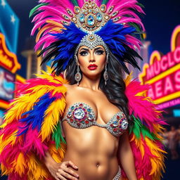 A vibrant depiction of a modern Las Vegas showgirl, showcasing her dazzling headpiece adorned with feathers and sparkling gemstones