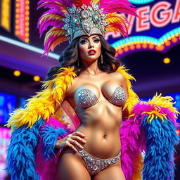 A vibrant depiction of a modern Las Vegas showgirl, showcasing her dazzling headpiece adorned with feathers and sparkling gemstones