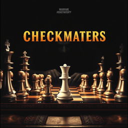 A captivating movie poster design depicting a dramatic chess scene titled 'CHECKMATERS'