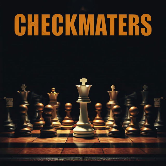 A captivating movie poster design depicting a dramatic chess scene titled 'CHECKMATERS'