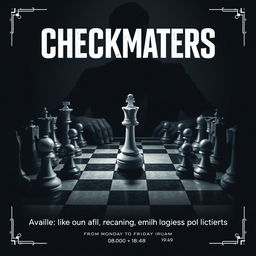 A striking movie poster design featuring a chess-themed composition titled 'CHECKMATERS'