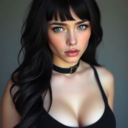 A 20-year-old woman with long, gently curved black hair, wearing a black choker and a black tank top