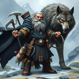 A dwarf with a magnificent gray beard and striking blue eyes, wearing a flowing black cloak and shiny metallic armor