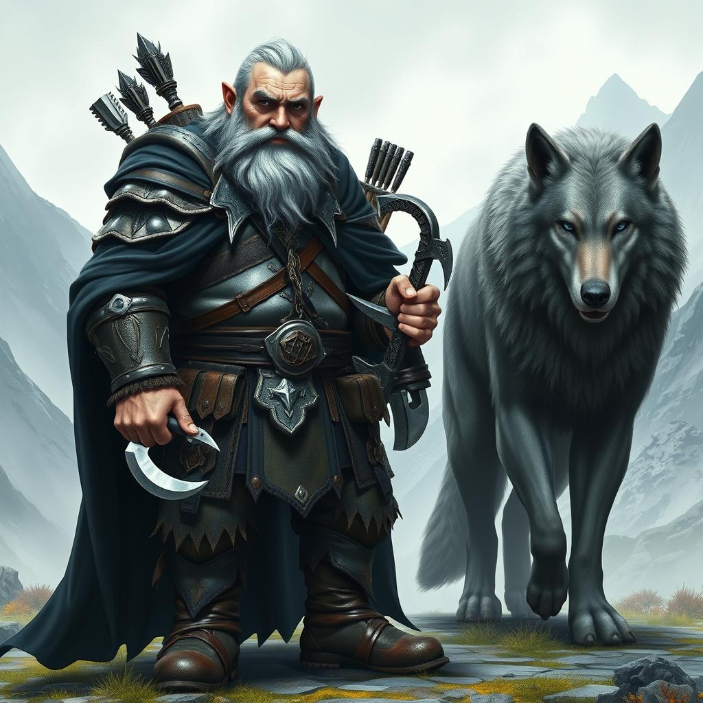 A dwarf with a magnificent gray beard and striking blue eyes, wearing a flowing black cloak and shiny metallic armor