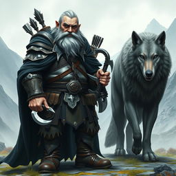 A dwarf with a magnificent gray beard and striking blue eyes, wearing a flowing black cloak and shiny metallic armor