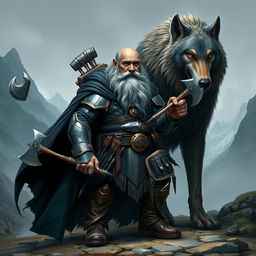 A dwarf with a magnificent gray beard and striking blue eyes, wearing a flowing black cloak and shiny metallic armor