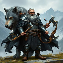 A dwarf with a magnificent gray beard and striking blue eyes, wearing a flowing black cloak and shiny metallic armor