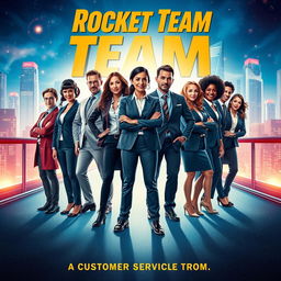 A movie poster featuring the Rocket Team from the customer service department, depicted as a vibrant and dynamic team of professionals