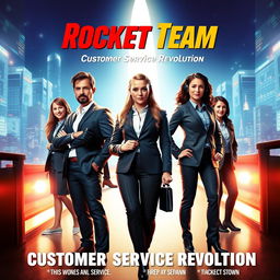 A movie poster featuring the Rocket Team from the customer service department, depicted as a vibrant and dynamic team of professionals