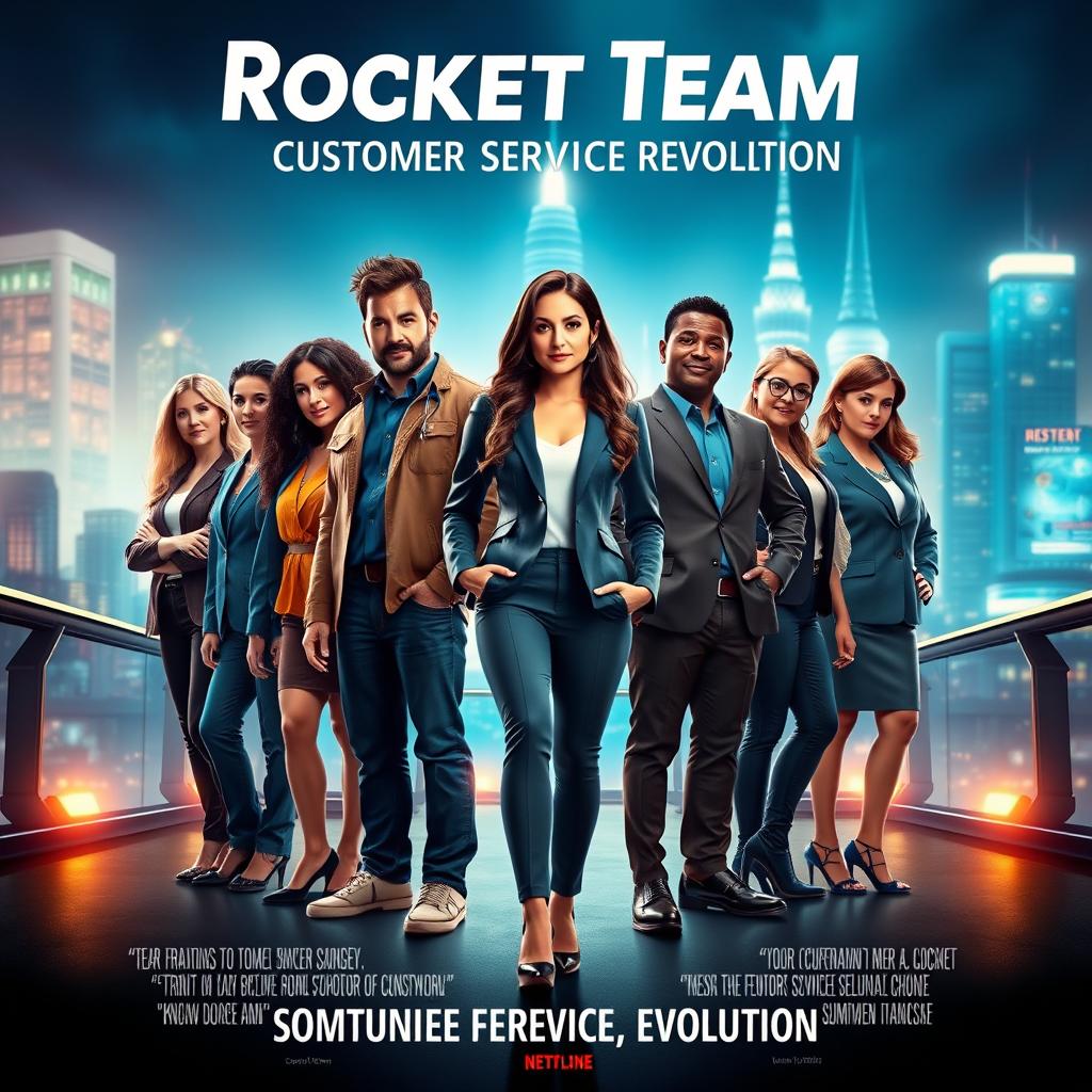 A movie poster featuring the Rocket Team from the customer service department, depicted as a vibrant and dynamic team of professionals